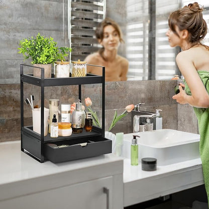 Ukonvi 2-Tier Bathroom Organizer Countertop with Drawer, Wood Counter Shelf for Storage, Vanity Tray for Organization and Decor, Countertop Organizer for Bathroom, Kitchen, Office (Black)