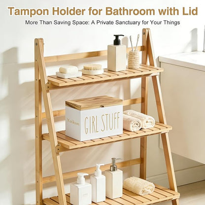 Tampon Holder for Bathroom with Hinged Lid, Modern Farmhouse Feminine Product Organizer, Decorative Storage Box for Pads & Period Essentials, Toilet Tank or Countertop (White)