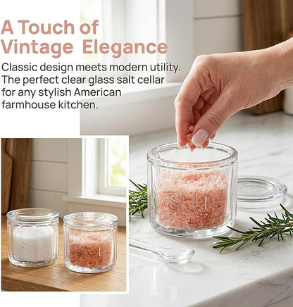 Nicunom 2 Pack Clear Glass Salt Cellar with Lid, Salt Storage Container Salt Box, Retro Style, Kitchen Decor, Wedding Gift, 3.75" D x 3.15" H
