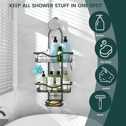Shower Caddy Hanging Adjustable Shower Caddy, Rustproof Shower Organizer Extended Length Shower Caddies Over Shower Head with Hooks Soap Holder, Large Capacity Anti-Swing Bathroom Storage, Black