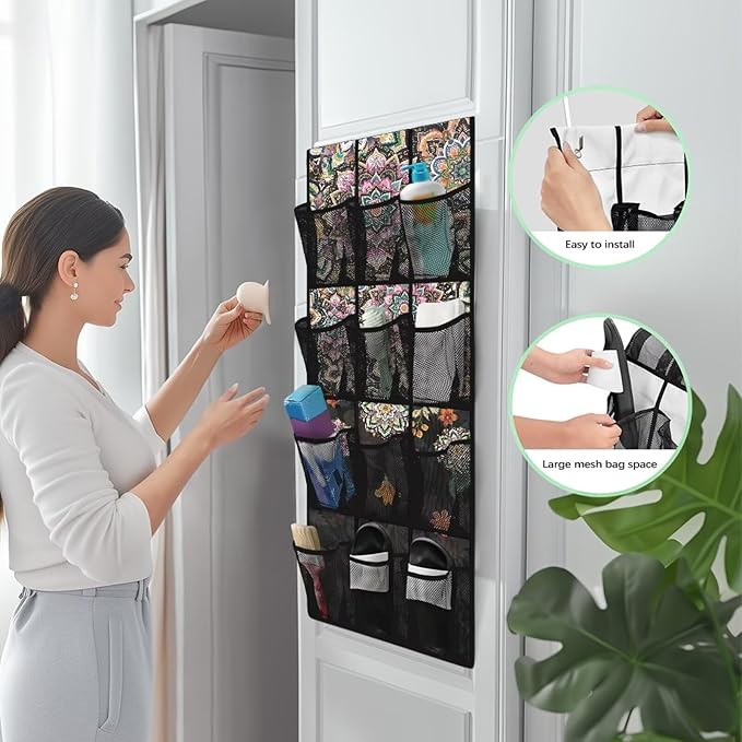 12-Pocket Hanging Storage Bag Behind the Door, Over the Door Organizer Space Saving Storage for Bedroom Closet or College Dorm, Bohemia Flowers