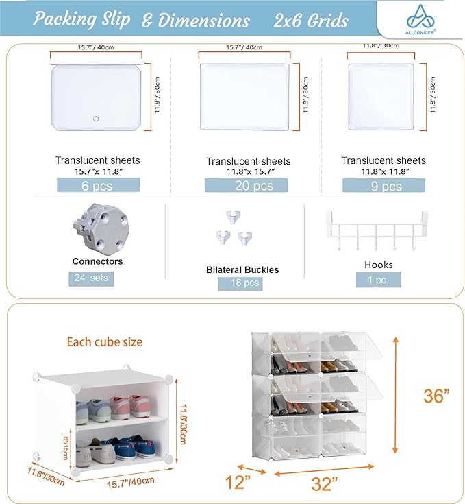 Patented Shoe Racks Organizers Shelves, Floor-Standing, Wall Hanging, Sturdy and extendable. Easy DIY Assembly, for Door Entrance, Closet, and Workplace (2x6Grid, Translucent)