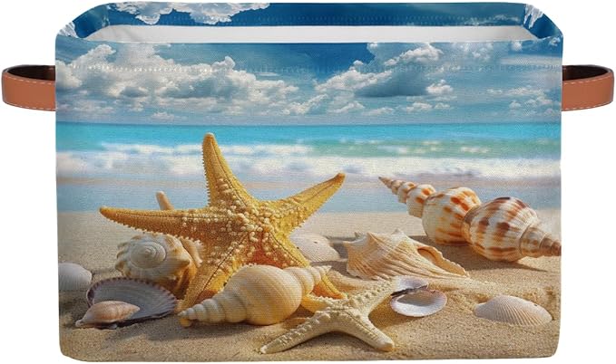 AUUXVA Storage Basket Sea Ocean Beach Starfish Shell Storage Cube Box Durable Canvas Collapsible Toy Basket Organizer Bin with Handles for Shelf Closet Bedroom Home Office