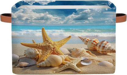 AUUXVA Storage Basket Sea Ocean Beach Starfish Shell Storage Cube Box Durable Canvas Collapsible Toy Basket Organizer Bin with Handles for Shelf Closet Bedroom Home Office