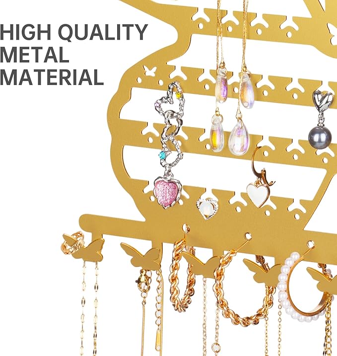 NiHome Butterfly Wall Mounted Jewelry Organizer, Decorative Metal Earring and Necklace Holder for Bedroom, Vanity, or Closet, Stylish Organizer with Easy Hanging for Fashion Lovers (Gold)