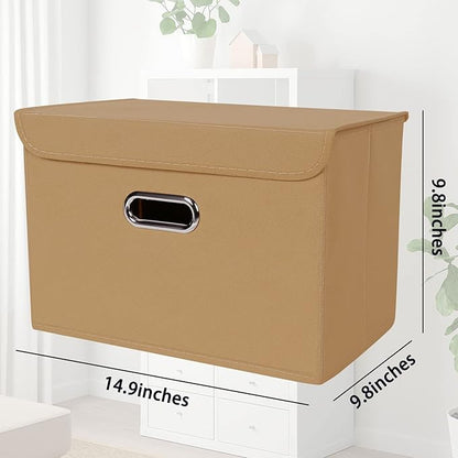 STOREONE Fabric Storage Cube Bins Foldable Organizer Container Collapsible Basket with Lids and Metal Handles, for Home, Bedroom, Closet 3 Pcs (Khaki)