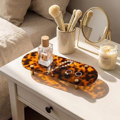 Tortoiseshell Vanity Tray Decorative Acrylic Vanity Tray with Gold Metal Legs 11x4.3x1.4 Inches Tortoise Bathroom Accessories Vintage Organizer for Counter Decor
