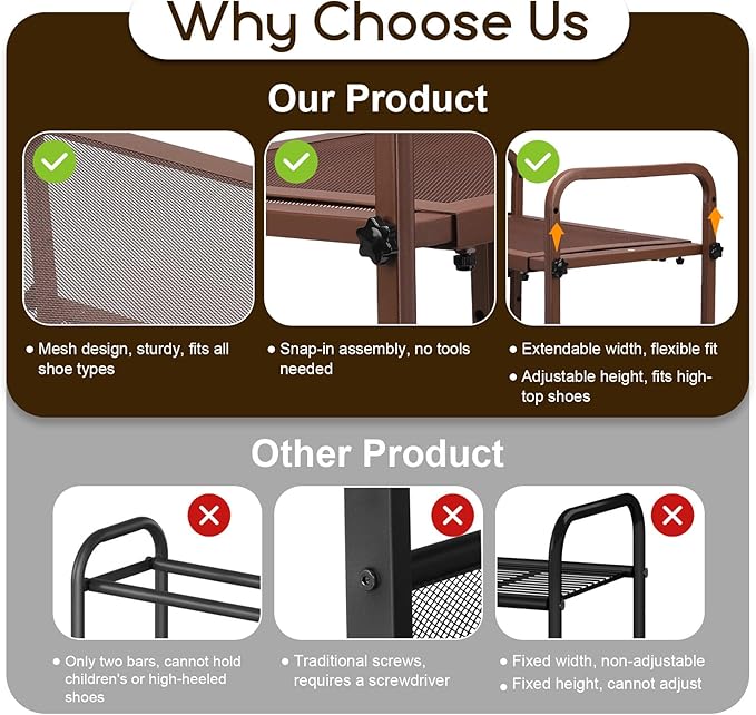 Expandable Shoe Rack for Closet - Shoe Organizer for Entryway, Adjustable Metal Shoe Storage, Stackable Long Shoe Stand Holder for Garage, Hallway, Door Entrance (Brown, 2 Tier)