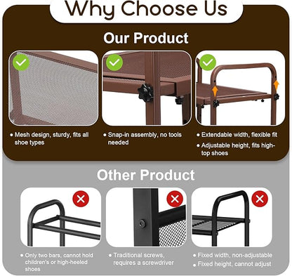 Expandable Shoe Rack for Closet - Shoe Organizer for Entryway, Adjustable Metal Shoe Storage, Stackable Long Shoe Stand Holder for Garage, Hallway, Door Entrance (Brown, 2 Tier)