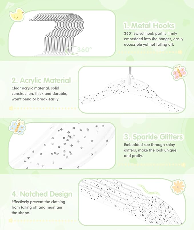 VIS'V Baby Hangers, 11 Inch Acrylic Kids Glitter Hangers for Infant Toddler Nursery Closet Clothes Organization, Clear, 30 Pcs