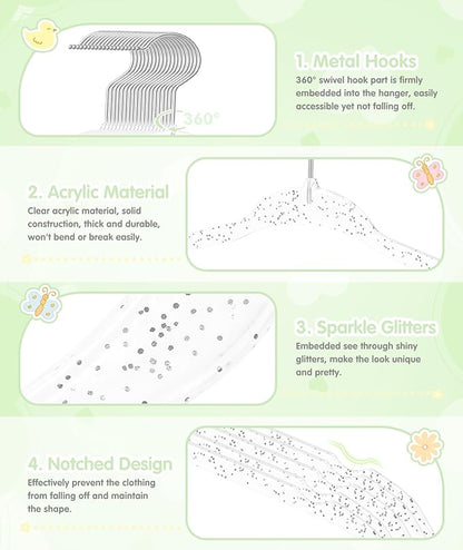 VIS'V Baby Hangers, 11 Inch Acrylic Kids Glitter Hangers for Infant Toddler Nursery Closet Clothes Organization, Clear, 30 Pcs