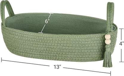Mkono Small Storage Basket for Toilet Tank Top Boho Bathroom Decor Woven Rope Toilet Paper Tray Organizer for Shelf Bedroom Living Room, Green, 13" L x 6" W