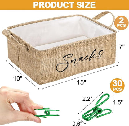 DEAYOU 2 Pack Snack Organizer for Pantry, Burlap Snack Storage Bins with 30 Pcs Bag Clips, Foldable Basket Containers with Handle for Countertop, Kitchen, Office, Chips, Popcorn, Candy, Pretzels