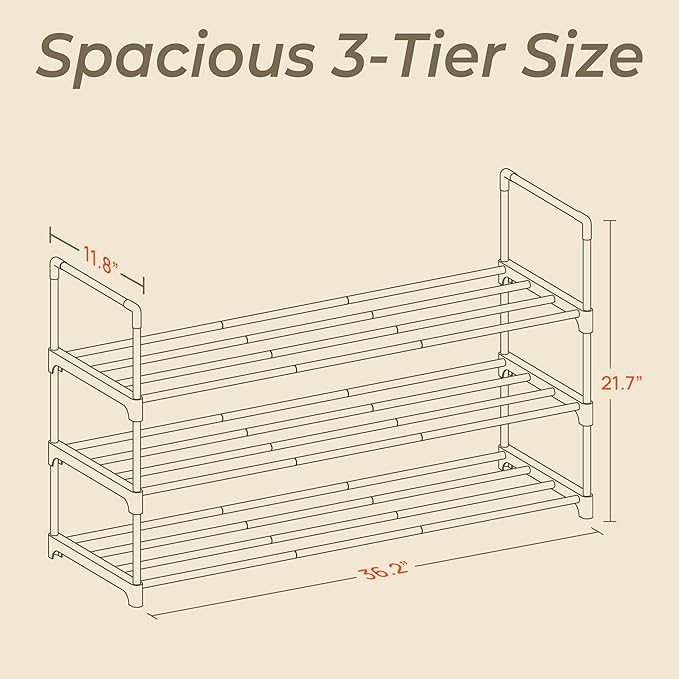 Black 3 Tier Shoe Rack, 36" Large Shoe Shelf Holds 15 Pairs of Shoes, Heavy Duty Shoe Rack for Entryway, Bedroom, Closet, Up to 22 lb Weight Capacity, Space-Saving and Easy to Assemble