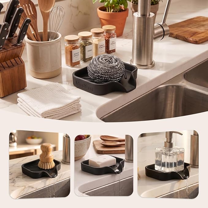 MicoYang Silicone Bathroom Soap Dishes with Drain Spout-Bathroom and Kitchen Sink Organizer,Sponge Holder,Dish Soap Tray,Perfect for Dispenser,Scrubber,Bottle,Cup on Sink or Counter-Black 4.9"×3.2"