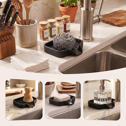 MicoYang Silicone Bathroom Soap Dishes with Drain Spout-Bathroom and Kitchen Sink Organizer,Sponge Holder,Dish Soap Tray,Perfect for Dispenser,Scrubber,Bottle,Cup on Sink or Counter-Black 4.9"×3.2"