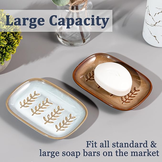 HighHerz Aesthetic Ceramic Soap Dish for Shower, Soap Holder with Raised Relief, Shower Soap Dish for Shampoo Bar Or Sponge, Soap Saver for Bathroom, Kitchen, Sink, Decorative Soap Tray (Brown)