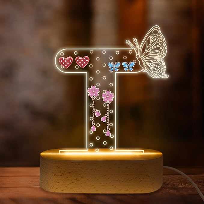 COSHAYSOO Earring Holder Organizer Best Friend Sister Birthday Gifts for Women Female Big Sister Gifts for Sisters Bestie Siblings, LED Night Night Butterfly Decor Jewelry Stand Letter T