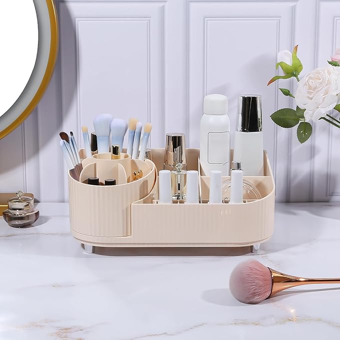 DASITON Large Capacity Makeup Organizer with 360° Rotating Makeup Brush Holder, Multi-Compartment Skincare and Cosmetic Storage for Vanity, Bathroom Countertop, Dresser, Desktop Storage Box (Cream)