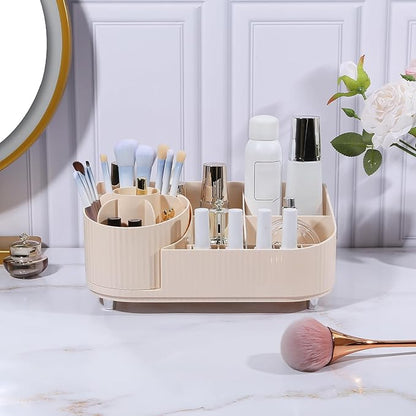 DASITON Large Capacity Makeup Organizer with 360° Rotating Makeup Brush Holder, Multi-Compartment Skincare and Cosmetic Storage for Vanity, Bathroom Countertop, Dresser, Desktop Storage Box (Cream)