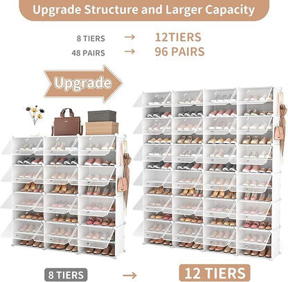 ROJASOP Shoe Storage Cabinet, 12-Tier Shoe Organizer 96 Pairs Extra Large Plastic Shoe Rack with Covers Portable Shoe Rack Organizer with Doors Big Shoe Rack for Closet Entryway Bedroom