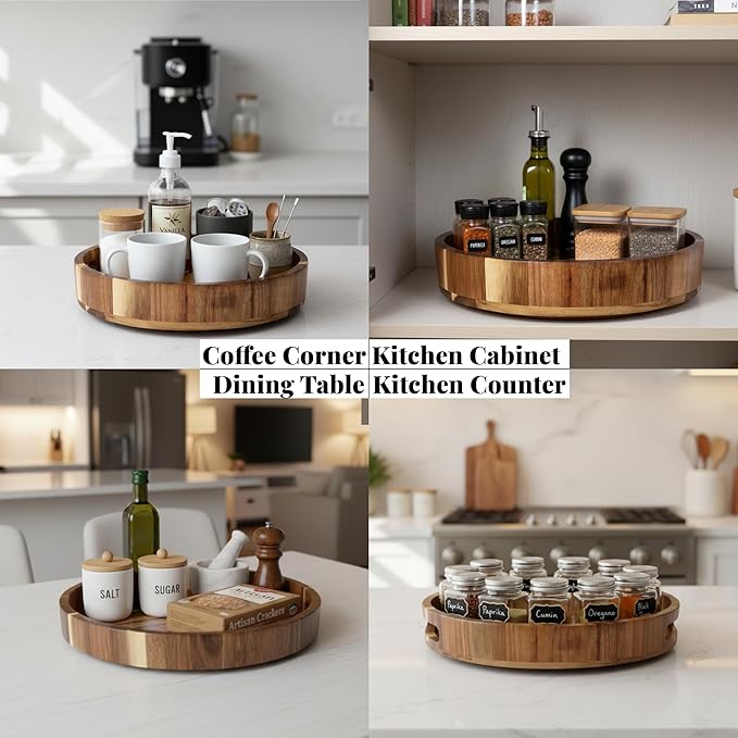 Wooden Lazy Susan for Table Top 12 Inch - Acacia Wood Lazy Susan Turntable Organizer for Kitchen Countertop Dining Table Cabinet - Rotating Tray Centerpiece for Spices Condiments - Large Lazy Susans