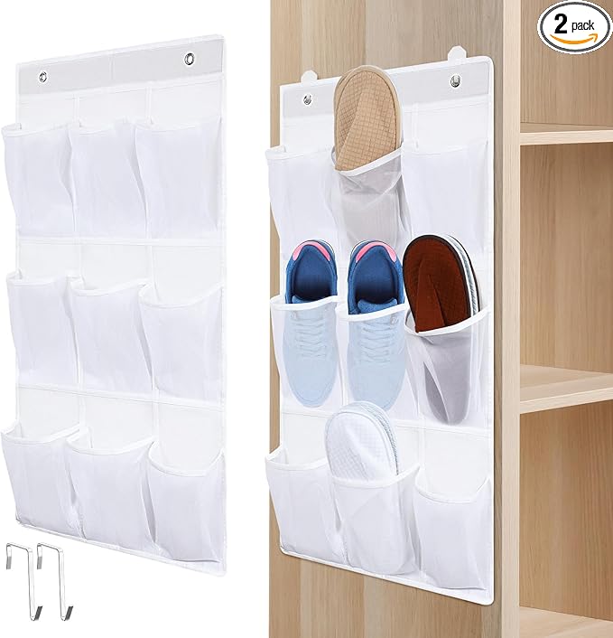 Dansydaisy 2 Pack 18 Pocket Wall Hanging Shoe Rack for Closet RV Shoe Storage with 8 Hooks over the Door Shoes Holder Organizer for Bathroom, RV, Pantry, Camping(White)
