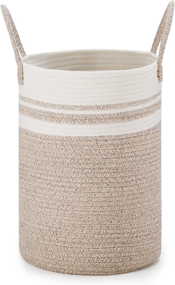 VIPOSCO Tall Laundry Hamper, Woven Rope Storage Basket for Blanket, Toys, Dirty Clothes in Living Room, Bathroom, Bedroom - 30L Brown & White