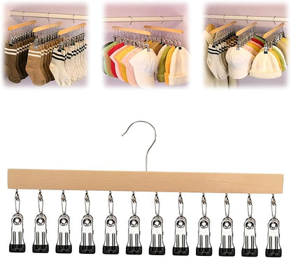 Closet Organizer with 12 Clips, 2026 New Space Saving Hanging Closet Organizer, Hat Scarf Clothespins for Legging Jeans Skirts Socks Pant Hangers (Wood-12 Clips, 1 Pcs)