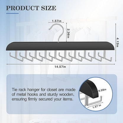 Tie Rack Hanger for Closet 20 Foldable Hooks, 2 Pack Wooden Non Slip Large Capacity Space Saving Tie and Belt Organizer with 360° Rotating Hooks for Tank Tops Bras Scarves Hat