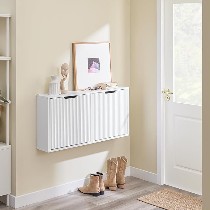 SoBuy Wall Mounted Slim Shoe Cabinet for Entryway, Narrow Shoe Rack Cabinet with 2 Flip Drawers, FSR170 (White)