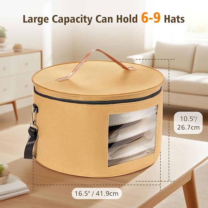 HEAVYWOOD Hat Box for Women Storage Travel Felt Hat Case for Wide-Brim Cowboy Hat Storage Foldable Organizer for Closet Large Round Hat Carrier with Portable Handle Shoulder Strap (Khaki)