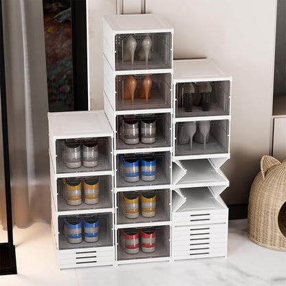 YIIHAA 6 Tier Shoe Rack Shoe Storage Box Size up to 14, No Assembly Stackable with Clear Door, Free Standing Shoe Shelf Cabinet with Lid, Plastic Shoe Rack (Whtie)
