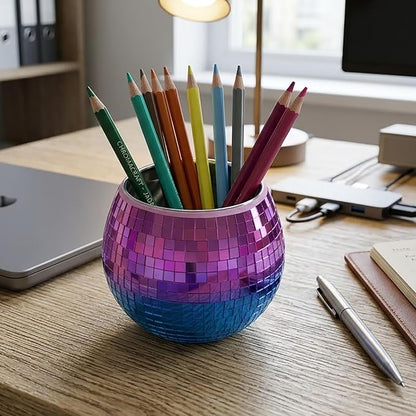 Glass Disco Ball Pen Holder with Smooth Grouting - Premium Mirror Mosaic Pencil Cup for Desk, Cute Makeup Brush Holder, Aesthetic Room Decor Gift (Iridiscente)