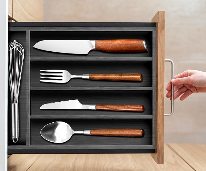 Ayiaren Small Wooden Silverware Organizer Kitchen Utensil Drawer Organizers Narrow Cutlery Tray Black Wood Flatware Organizer for Drawers Spoon and Fork Organizers Bamboo Utensil Holder Drawer Tray