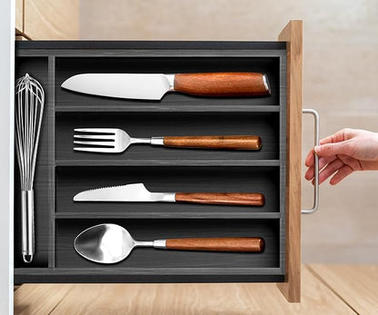 Ayiaren Small Wooden Silverware Organizer Kitchen Utensil Drawer Organizers Narrow Cutlery Tray Black Wood Flatware Organizer for Drawers Spoon and Fork Organizers Bamboo Utensil Holder Drawer Tray