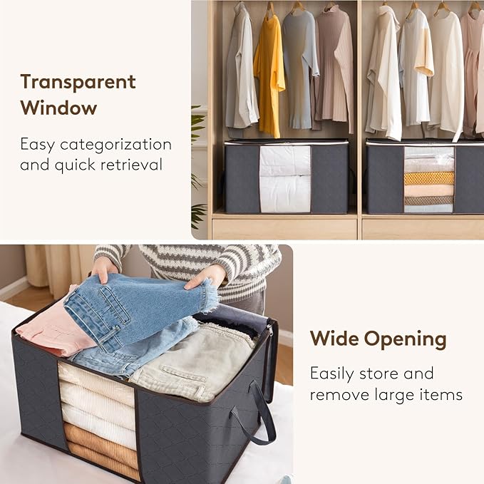 Lifewit 15 Pack 90L Clothes Storage Bins with Lids, Foldable Blanket Storage Bags with Zippers, Clear Window and Reinforced Handles, Closet and Organization for Clothing, Sweater, Comforter, Bedding