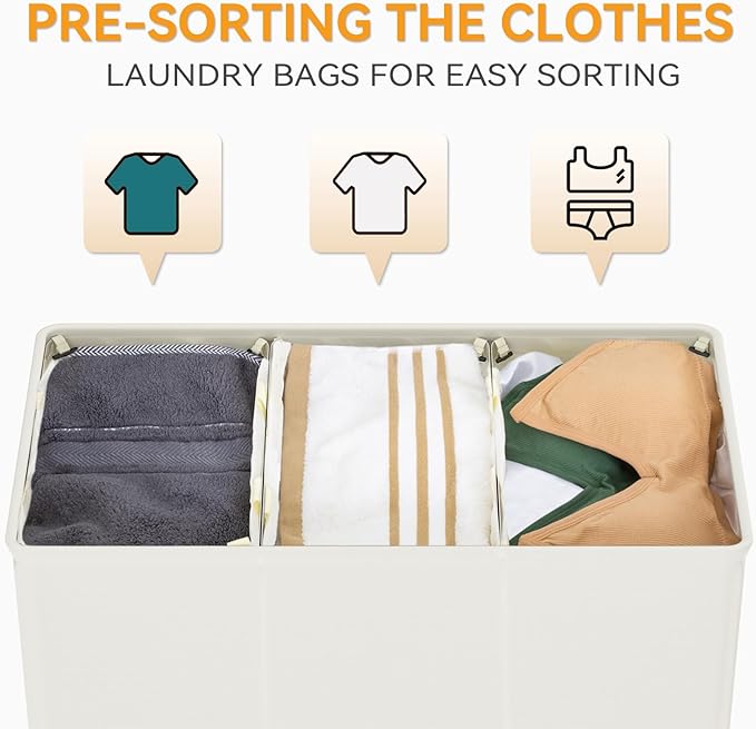 WOWLIVE 180L Laundry Hamper with Lid 3 Section,Large Laundry Basket with Removable Bags and Handles,Collapsible Dirty Clothes Hampers for Laundry,Laundry Basket Organizer for Laundry Room,Dorm,Beige