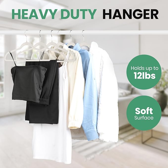 InfiniPower 50 Pack Velvet Hangers, Heavy Duty Non-Slip Clothes Hangers with Shoulder Notches, Coat Suit Hangers with 360° Swivel Hooks, White