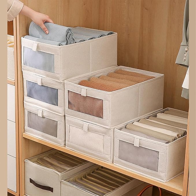 Linen Closet Organizers And Storage, 8 Pack Closet Storage Bins Linen Closet Baskets for Closet Organization Foldable Closet Organizer Bins with Clear Window For Organizing Clothing, Jeans, Shelves