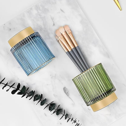 Makeup Brush Holder Organizer, Heavy Crystal Glass Brush Storage Holder, Vintage Cosmetic Make Up Bathroom Brushes Cup Pen Pencil Toothbrush Holder Striped Vase (S+L (green))