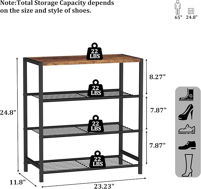 HOMEFORT 4-Tier Shoe Rack Organizer, Shoe Tower for Closet, Shoe Storage Shelf with MDF Top Board, Each Tier Fits 3 Pairs of Shoes, Entryway Shoes Organizer with Sturdy Metal Shelves, Rustic Brown