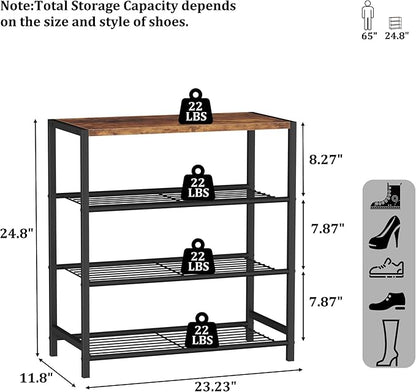 HOMEFORT 4-Tier Shoe Rack Organizer, Shoe Tower for Closet, Shoe Storage Shelf with MDF Top Board, Each Tier Fits 3 Pairs of Shoes, Entryway Shoes Organizer with Sturdy Metal Shelves, Rustic Brown
