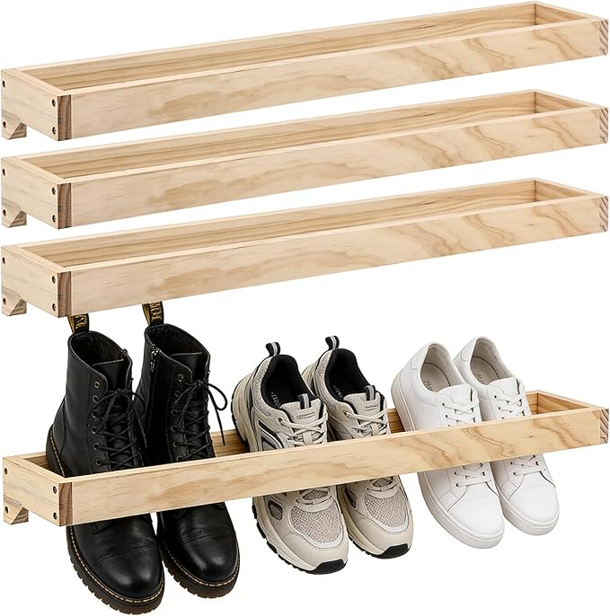 4 Pcs Wood Wall Mounted Shoe Rack 30 Inch Wall Mounted Shoe Rack for Narrow Spaces Footwear Holder Space Saving for Closet Mudroom Entryway