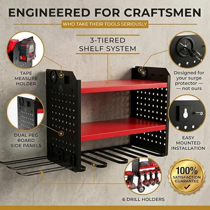 BUILTSTRONG Power Tool Organizer Wall Mount – 3-Tier Heavy-Duty Steel Rack, 6 Drill Slots, Dual Pegboard Sides, Side-by-Side Modular, 100 lb Capacity – Garage & Workshop (Red)