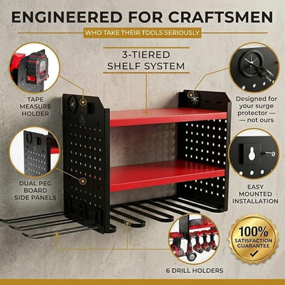 BUILTSTRONG Power Tool Organizer Wall Mount – 3-Tier Heavy-Duty Steel Rack, 6 Drill Slots, Dual Pegboard Sides, Side-by-Side Modular, 100 lb Capacity – Garage & Workshop (Red)