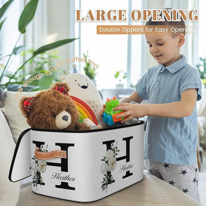 Custom Initials Floral Storage Bins with Lid, Foldable Personalized Storage Basket Boxes with Handle Shelf Basket Closet Organizer Cube