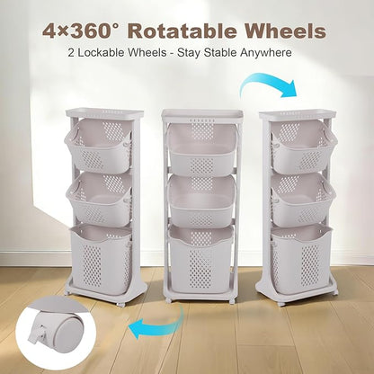 FAHKNS 3-Tier Laundry Sorter Cart with Wheels, Large 75L Capacity Hamper Organizer, Rolling Storage with Removable Mesh Bins for Laundry Use in Home, Dorm, Apartment (17.3" x 13.1" x 42.6)