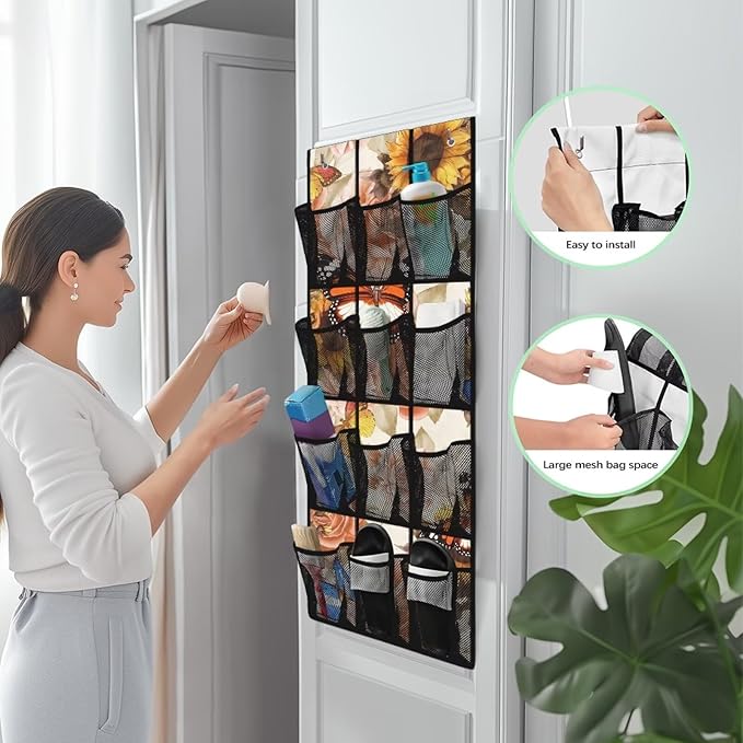 Over the Door Organizer with 12 Pockets, Space Saving Hanging Storage for Bathroom, Pantry, Nursery, Reinforced Hooks,Sunflower Butterfly