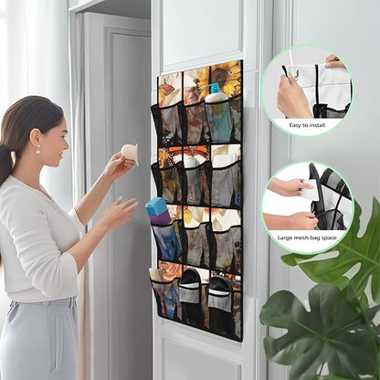 Over the Door Organizer with 12 Pockets, Space Saving Hanging Storage for Bathroom, Pantry, Nursery, Reinforced Hooks,Sunflower Butterfly